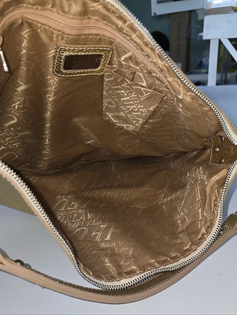 FURLA Italian Hobo Bag Gold Metallic Leather Studded, Large Shoulder Purse
